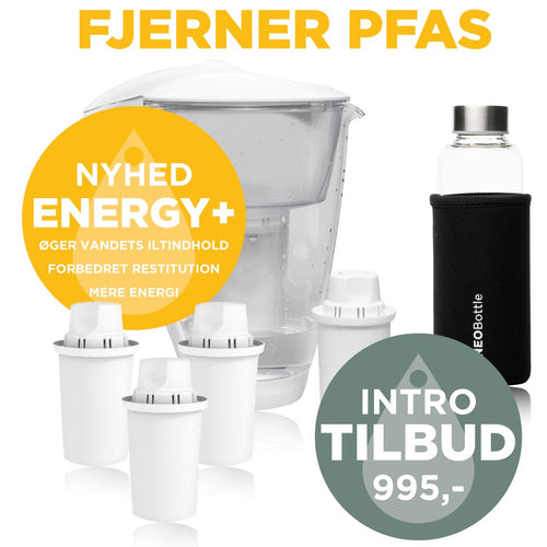 DAFI energy+ Vandkande,  3 vandfilter patroner og 500 ml Glas NEO Bottle intro tilbud